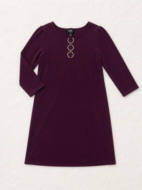 MSK Petite Burgundy Shift Dress PS Gold Ring Detail Cocktail Career Chic Dress
